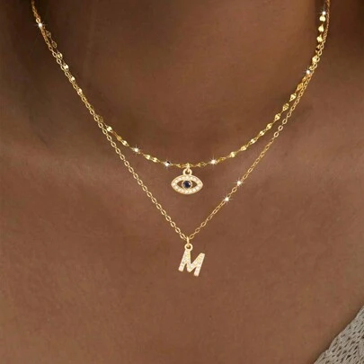 2Pcs/Set Simple Fashion Eye Initial Pendant Gold Color Stainless Steel Lip Chain Necklaces For Women