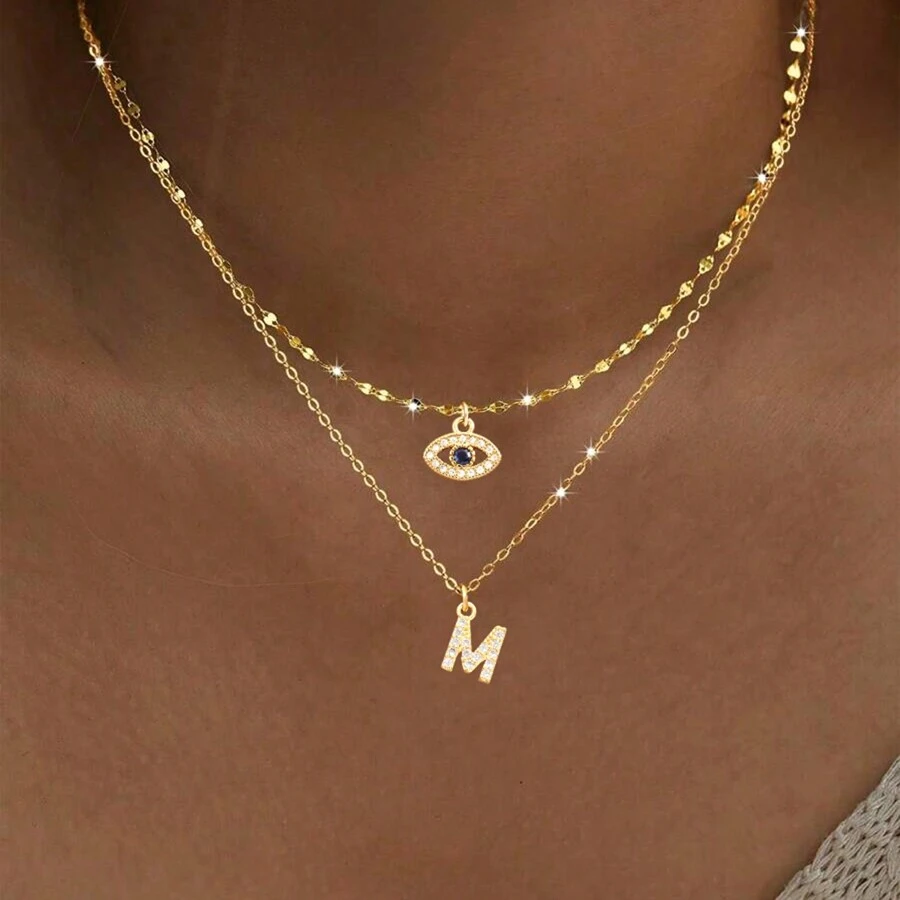 2Pcs/Set Simple Fashion Eye Initial Pendant Gold Color Stainless Steel Lip Chain Necklaces For Women - Style 2 - View 1
