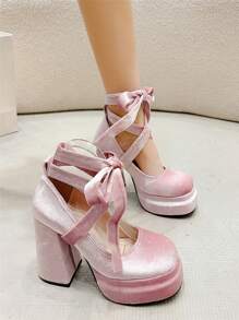复古圆头蝴蝶结玛丽珍鞋，厚底防水高跟鞋 - 粉色 - 查看 1