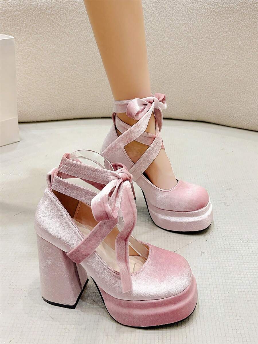 复古圆头蝴蝶结玛丽珍鞋，厚底防水高跟鞋 - 粉色 - 查看 1