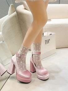 复古圆头蝴蝶结玛丽珍鞋，厚底防水高跟鞋 - 粉色 - 查看 3