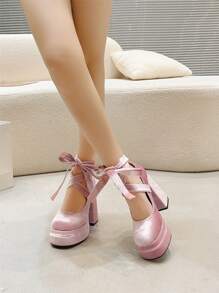 复古圆头蝴蝶结玛丽珍鞋，厚底防水高跟鞋 - 粉色 - 查看 5