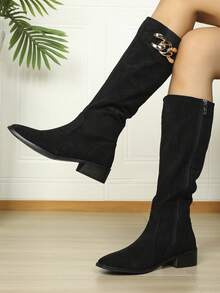 New Black Minimalist Design Zipper Inside Easy To Wear, Leg Lengthening, Height Increasing Round Toe, Chunky Heel, Metal Chain Decor Fashion Tall Boots For Women - Black - View 4