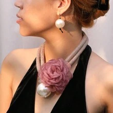 1 套夸张嵌套大花仿珍珠吊坠项链和耳环套装，双层粗绳设计，适合日常佩戴情人节、妈妈、母亲、母亲节、礼物 - 粉色 - 查看 7