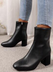 女士纯色套穿踝靴，侧拉链，方头，粗跟，休闲日常百搭黑色踝靴，优雅时尚 - 黑色 - 查看 3