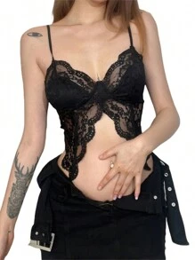 Women Lace Camisole, Sleeveless See-Through Slit Slim Summer Bralette For Club Party - 黑色 - 查看 4