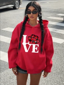 女士休闲字母唇印落肩长袖连帽运动衫，秋冬款 - 紅色 - 查看 1