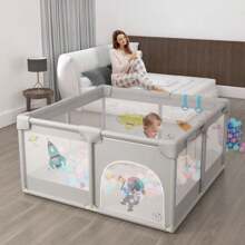 VA-Cerulean Baby Playpen, Children's Playpen With Door, Children's Playground, Gate, With 50 Balls, 4 Pull Rings And Carrying Bag (Gray, 127 * 127 * 68cm) - 程度 - 查看 8