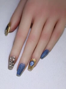 3D 巴洛克复古蓝色玻璃猫眼美甲设计手工指甲 100% 手工制作按压指甲可重复使用 10 件短芭蕾指甲尖带闪光金色金属装饰适合女士日常和派对使用 - 咖啡棕 - 查看 5