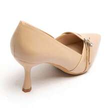 Thin Heel Pumps With Decorative Straps And Gold Buckles - Beige - View 7