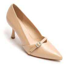 Thin Heel Pumps With Decorative Straps And Gold Buckles - Beige - View 4
