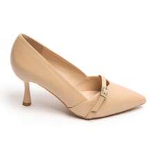 Thin Heel Pumps With Decorative Straps And Gold Buckles - Beige - View 5