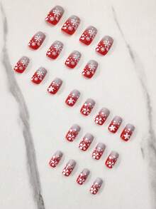 24 件中长款矩形圣诞红白闪光雪花设计假指甲，渐变色，甜美风格，压力贴合，适合日常、约会、节日穿着 - 彩色 - 查看 3