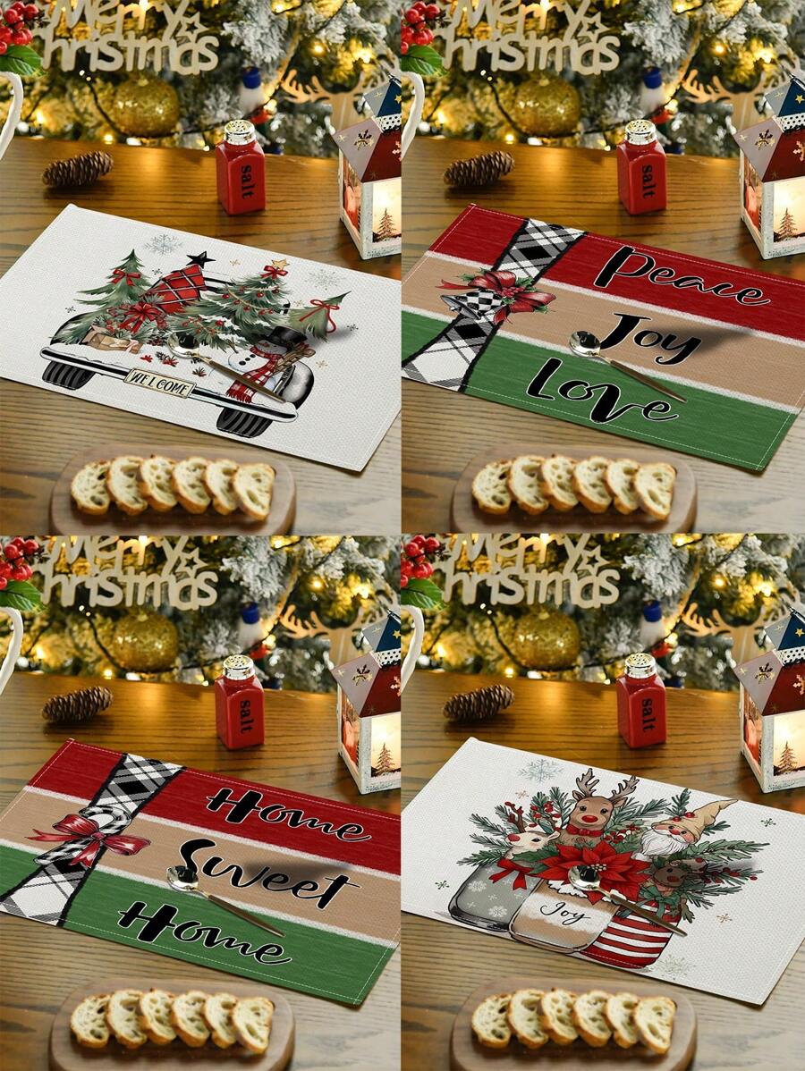 1 件/4 件/6 件圣诞冬季餐垫、圣诞车、冬青树花瓶麋鹿亚麻餐垫、防污餐垫，适用于家庭、餐厅、餐桌装饰、家居用品