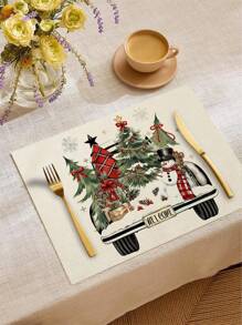 1 件/4 件/6 件圣诞冬季餐垫、圣诞车、冬青树花瓶麋鹿亚麻餐垫、防污餐垫，适用于家庭、餐厅、餐桌装饰、家居用品