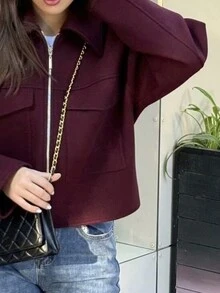 女士时尚休闲百搭纯色大口袋拉链通勤羊毛上衣外套 - 酒紅色 - 查看 2