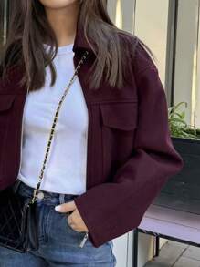 女士时尚休闲百搭纯色大口袋拉链通勤羊毛上衣外套 - 酒紅色 - 查看 1