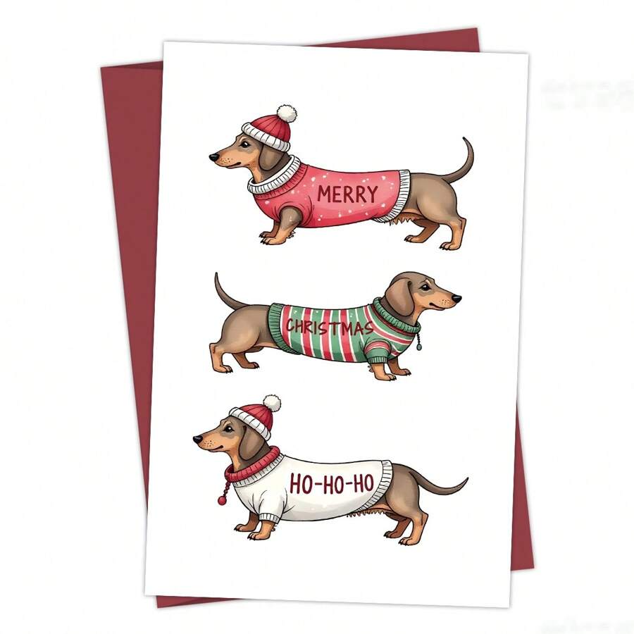 1pc Cartão de Saudação de Natal Engraçado Dachshund, Desejos de Feliz Natal, Cartão de Natal Alegre e Brilhante para Amigos e Família, Desejos de Natal para Qualquer Pessoa, Cartão Festivo Sazonal