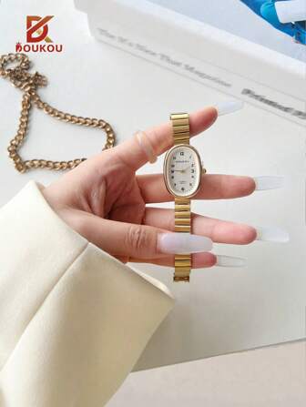  DOUKOU 1 PC Women's Fashion Simple Elegant Quartz Waterproof Watch, Gold Bamboo Adjustable Stainless Steel Strap, Retro Luxury Light Luxury Versatile Exquisite Watch, Sweet And Cute Oval Wristwatch, Ideal For Birthday, Back To School, Christmas Gift, For Daily Wear, Dinner And Other Occasions To Decorate The Wrist