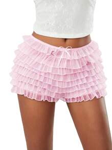 Women's Summer Ruffled Frilly Shorts, Multi-Layer Mesh Short Pants Sweet Cute Bloomers - 粉色 - 查看 2