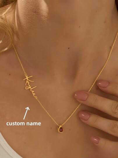 1pc Gold Silver Rose Gold Custom Name Necklace With Birthstone, Birthstone Necklace, Side Name Necklace Mother Necklace Holiday Gift For Her Christmas Gift Birthday Gift, Gift For Her