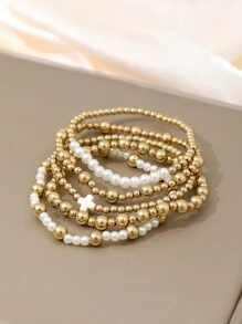 5 件波西米亚金色串珠手链女款仿珍珠可堆叠弹力珠球手链十字架首饰套装女士青少年女孩情人节珠宝礼物 - 金黃色 - 查看 2