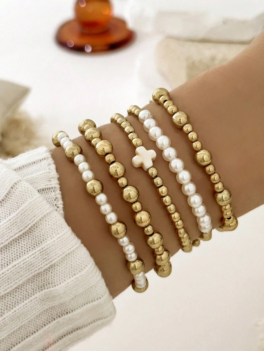5 件波西米亚金色串珠手链女款仿珍珠可堆叠弹力珠球手链十字架首饰套装女士青少年女孩情人节珠宝礼物 - 金黃色 - 查看 1