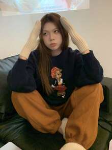 女士圆领长袖熊图案简约休闲上衣，适合日常穿着 - 藏蓝色 - 查看 4