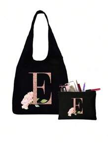 Bộ sản phẩm gồm 1 túi tote màu đen in họa tiết hoa và 1 túi nhỏ màu đen, túi tote in chữ cái A-Z màu hồng in họa tiết hoa + túi đựng mỹ phẩm, túi quà cưới/túi tote cá nhân hóa - màu đen - Xem 15