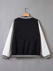 1 件青少年女孩休闲 L 字母装饰抽绳运动夹克，运动复古风格，适合春季、秋季和冬季 - 黑色 - 查看 2