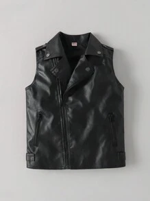 男童仿皮机车夹克，春秋季新款儿童 PU 皮大衣 - 黑色 - 查看 1