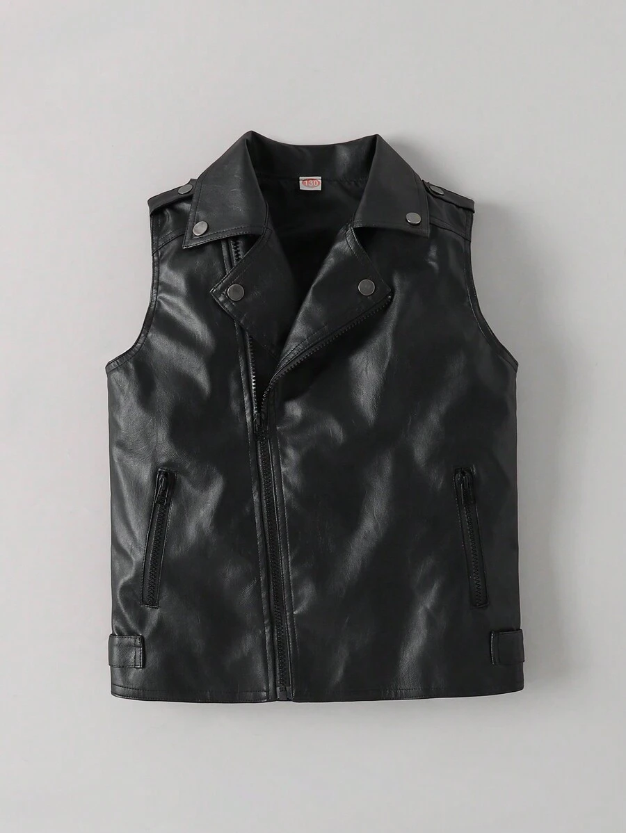 男童仿皮机车夹克，春秋季新款儿童 PU 皮大衣 - 黑色 - 查看 1