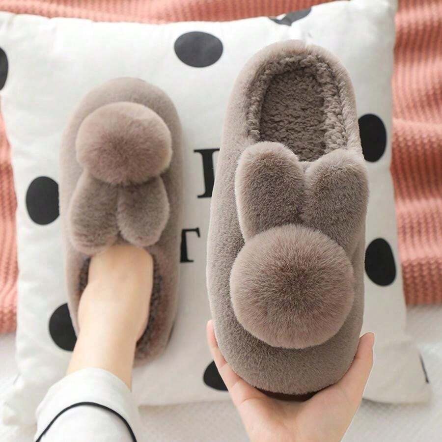 New Women Plush Slippers, Warm Furry Indoor/Outdoor Slip-On House Slippers, Cute Cartoon Rabbit Design, Thick Soft Sole Cozy Winter Slippers