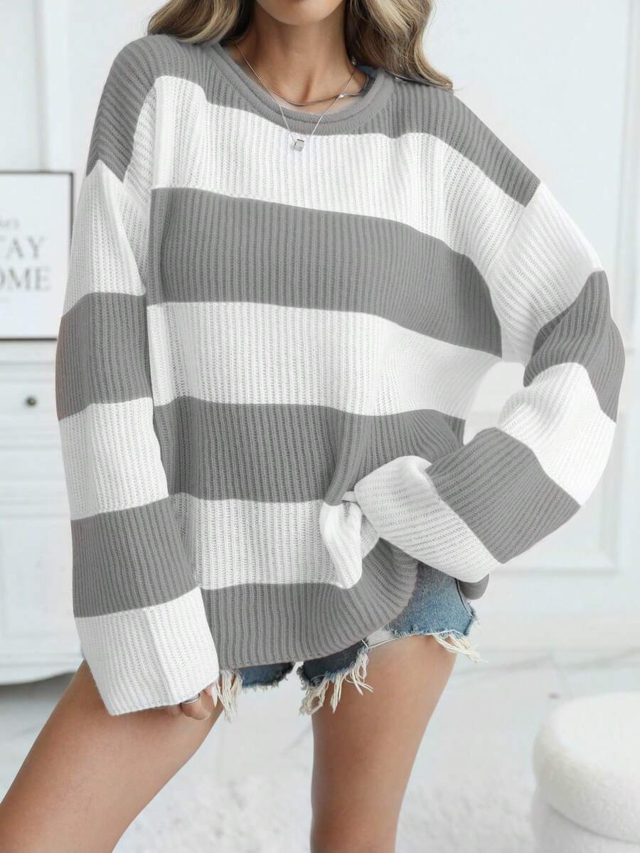 Women Casual Contrast Striped Pattern Drop Shoulder Loose Sweater - Grey - View 1