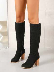 法式复古冬季高帮女靴韩版透气过膝靴女士侧拉链粗跟修身靴欧美过膝高帮马术靴新款厚底潮流高跟时尚高筒靴 - 黑色 - 查看 4