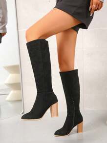 法式复古冬季高帮女靴韩版透气过膝靴女士侧拉链粗跟修身靴欧美过膝高帮马术靴新款厚底潮流高跟时尚高筒靴 - 黑色 - 查看 3