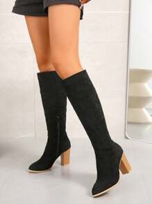 法式复古冬季高帮女靴韩版透气过膝靴女士侧拉链粗跟修身靴欧美过膝高帮马术靴新款厚底潮流高跟时尚高筒靴 - 黑色 - 查看 2