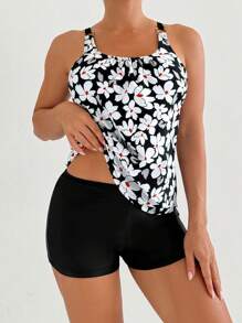 Women's Casual Round Neck Camisole Swimsuit, Featuring Ruched Bust, Open Back Design, Paired With Leaf Print Top And Shorts For An Elegant Swimwear Look - Black - View 1