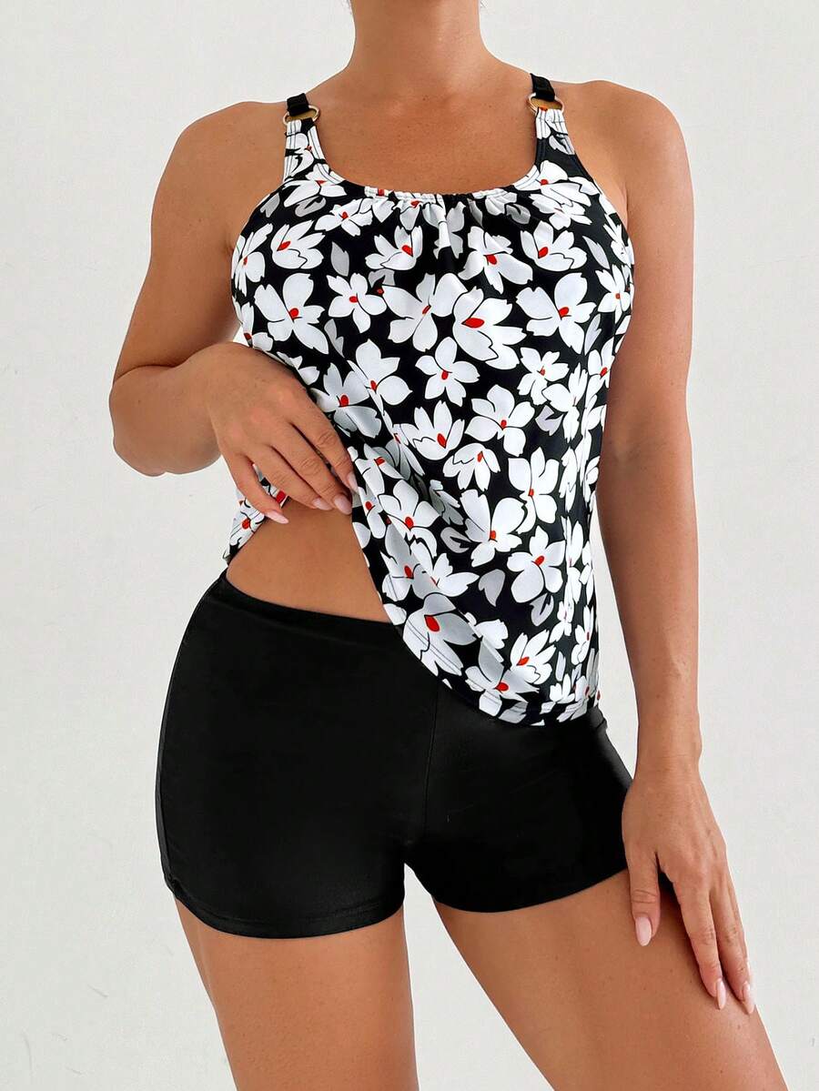 Women's Casual Round Neck Camisole Swimsuit, Featuring Ruched Bust, Open Back Design, Paired With Leaf Print Top And Shorts For An Elegant Swimwear Look - Black - View 1