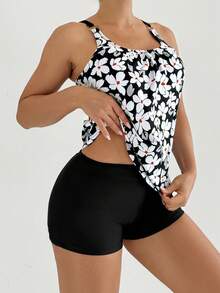 Women's Casual Round Neck Camisole Swimsuit, Featuring Ruched Bust, Open Back Design, Paired With Leaf Print Top And Shorts For An Elegant Swimwear Look - Black - View 2