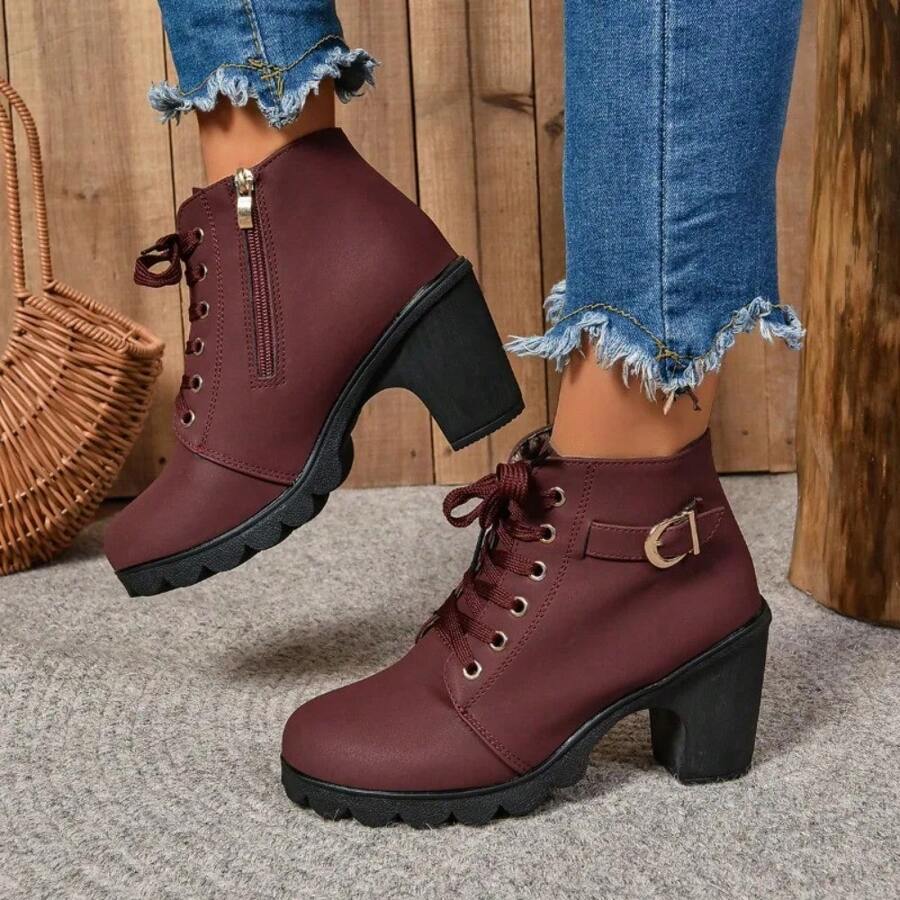 Shoes Women Fashion High Heel Lace Up Ankle Boots Ladies Buckle Platform Artificial Leather Shoes Bota Feminina - 酒紅色 - 查看 1
