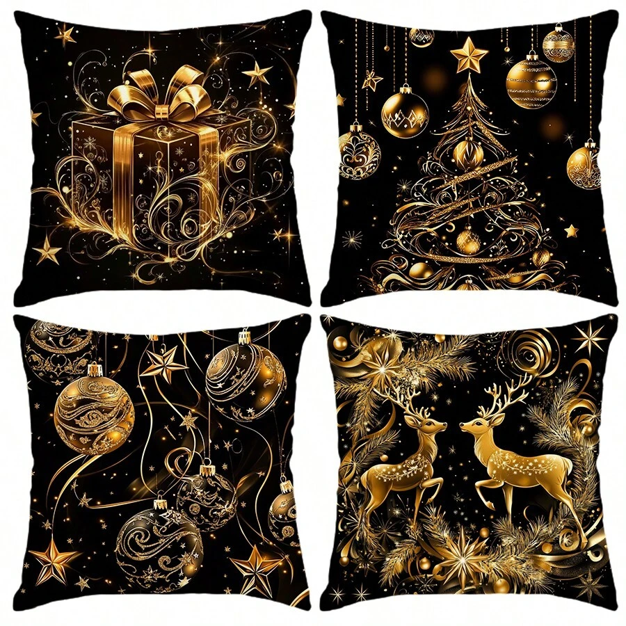 4 vỏ gối lông ngắn mộc mạc, vỏ gối vuông Giáng sinh sang trọng màu đen vàng, vỏ gối trang trí cho phòng khách phòng ngủ ghế sofa Giáng sinh, trang trí nhà cửa trang trí phòng tiệc trang trí in một mặt không có lõi gối 17,72in * 17,72in - Nhiều màu - Xem 1