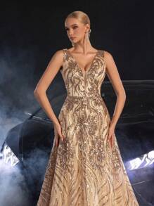 Faeriesty 优雅女士无袖深V领长款派对礼服 | 闪亮亮片点缀，完美适用于春季婚礼、花园派对、户外森林庆典、浪漫晚餐、正式肖像拍摄、湖畔聚会和梦幻晚宴、返校节和毕业典礼礼服、生日女士服装、春季连衣裙和夏季服装 - 香檳色 - 查看 7