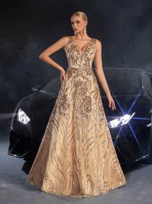 Faeriesty 优雅女士无袖深V领长款派对礼服 | 闪亮亮片点缀，完美适用于春季婚礼、花园派对、户外森林庆典、浪漫晚餐、正式肖像拍摄、湖畔聚会和梦幻晚宴、返校节和毕业典礼礼服、生日女士服装、春季连衣裙和夏季服装 - 香檳色 - 查看 5