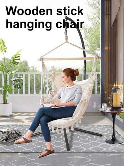 1pc White/Black Hammock + Solid Wood Stand + 2 Pillows + Load-Bearing Rope Outdoor Garden Panoramic Hammock Hanging Chair Swing Tassel Hammock Detachable Iron Tube Suitable For Outdoor Camping, Home Use, Indoor And Outdoor Rocking Chair, Cradle Halloween Christmas