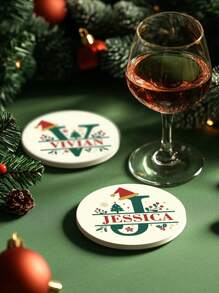 1个定制个性化圣诞字母造型陶瓷杯垫，吸水杯垫，可定制姓名和圣诞字母图案，适用于饮料、茶杯和咖啡杯，家居和餐厅装饰，节日礼物必备，圣诞装饰，时尚设计