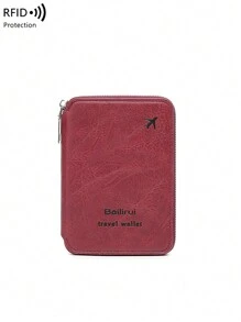 新款 RFID 护照夹钱包，拉链票证收纳盒，简约男女护照套，适合海外旅行旅行必需品健身露营度假必需品度假配件旅行配件邮轮 - 酒紅色 - 查看 4