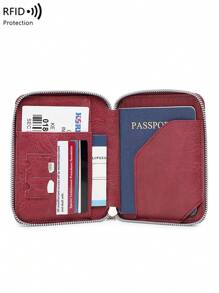 新款 RFID 护照夹钱包，拉链票证收纳盒，简约男女护照套，适合海外旅行旅行必需品健身露营度假必需品度假配件旅行配件邮轮 - 酒紅色 - 查看 3