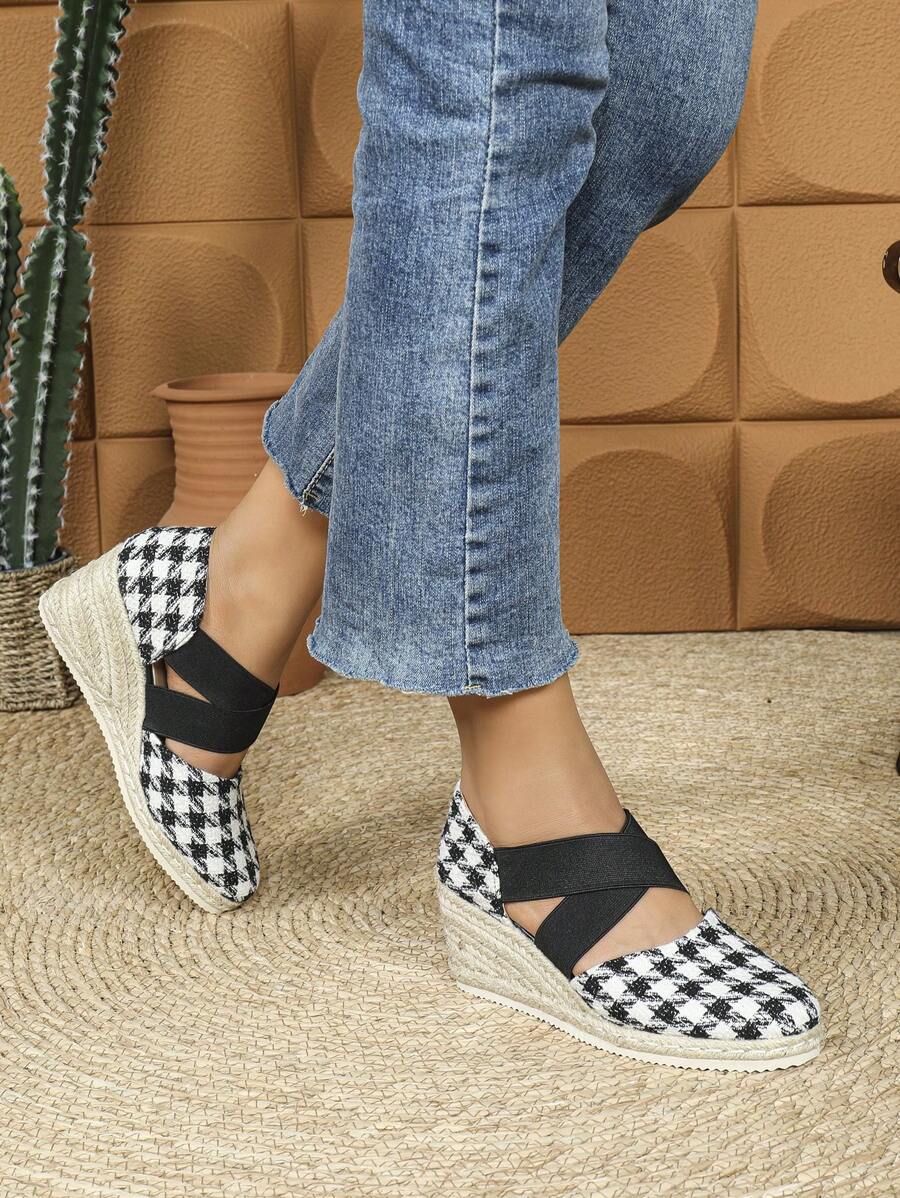 Giày cao gót đế xuồng kẻ sọc cho nữ, giày sandal đế xuồng buộc dây mũi tròn - Đen và trắng - Xem 1
