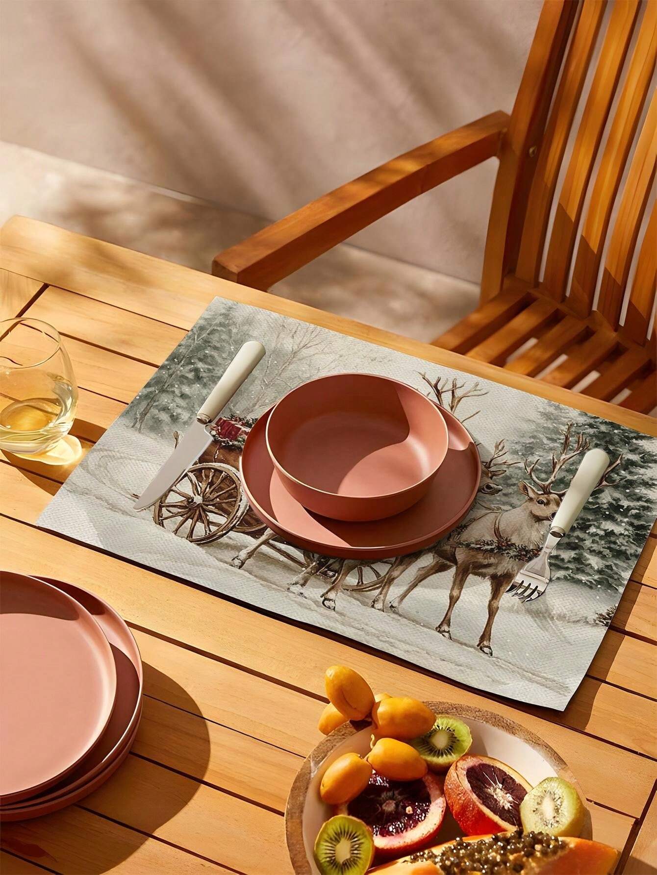 1pc/4pcs/6pcs Christmas Reindeer Sled Pattern Placemats, Home Decor